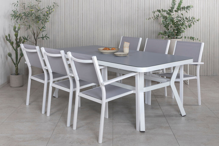 Venture Home Virya Dining Table - White Alu / Grey Glass - big table+Copacabana Stacking Chair - White/Grey_6