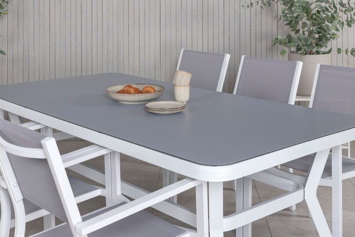 Venture Home Virya Dining Table - White Alu / Grey Glass - big table+Copacabana Stacking Chair - White/Grey_6