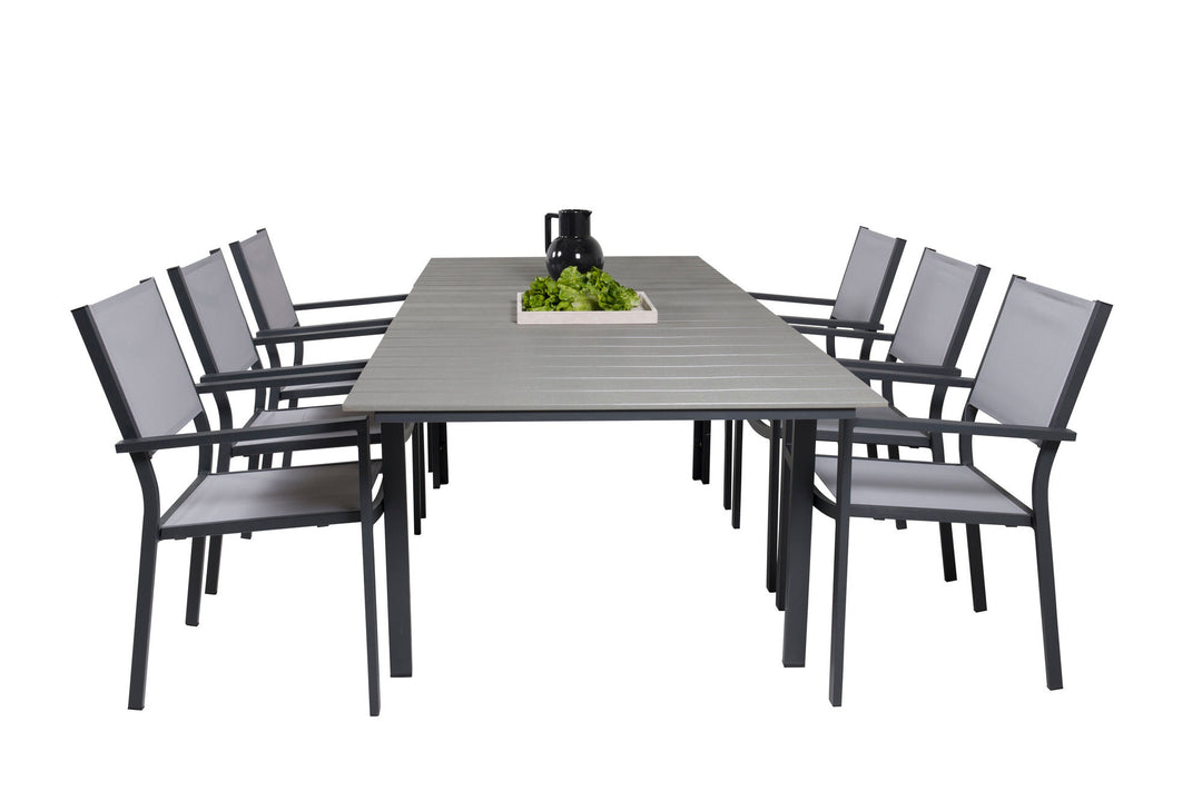 Venture Home Levels Dining Table 160/240*90 - Black Alu / Grey Aintwood +Copacabana Arm Chair (stackable) - Black Alu / Grey Textilene_6