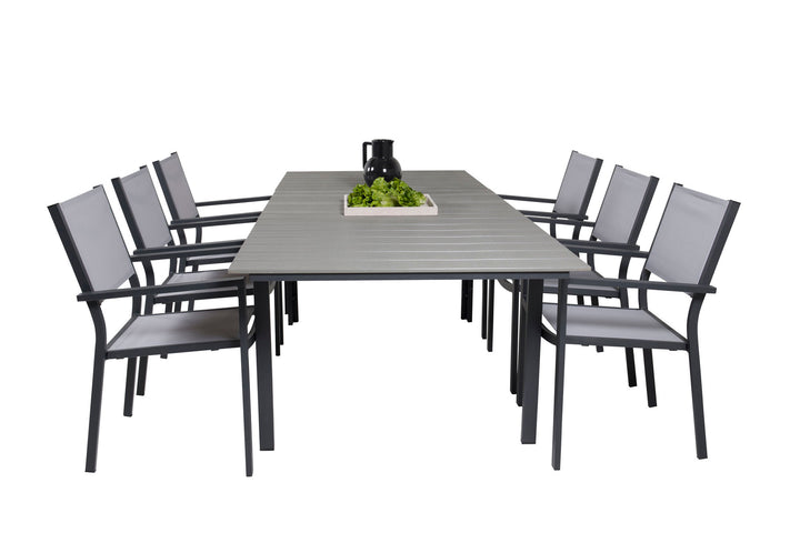 Venture Home Levels Dining Table 160/240*90 - Black Alu / Grey Aintwood +Copacabana Arm Chair (stackable) - Black Alu / Grey Textilene_6