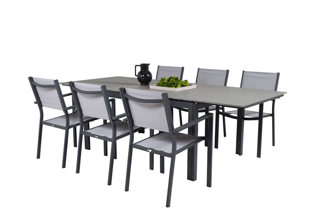 Venture Home Levels Dining Table 160/240*90 - Black Alu / Grey Aintwood +Copacabana Arm Chair (stackable) - Black Alu / Grey Textilene_6