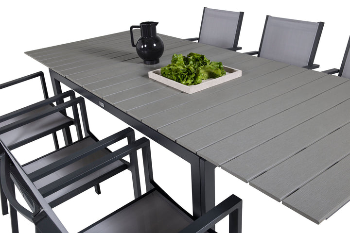 Venture Home Levels Dining Table 160/240*90 - Black Alu / Grey Aintwood +Copacabana Arm Chair (stackable) - Black Alu / Grey Textilene_6