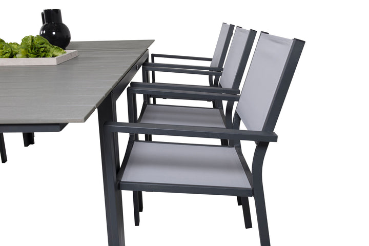 Venture Home Levels Dining Table 160/240*90 - Black Alu / Grey Aintwood +Copacabana Arm Chair (stackable) - Black Alu / Grey Textilene_6