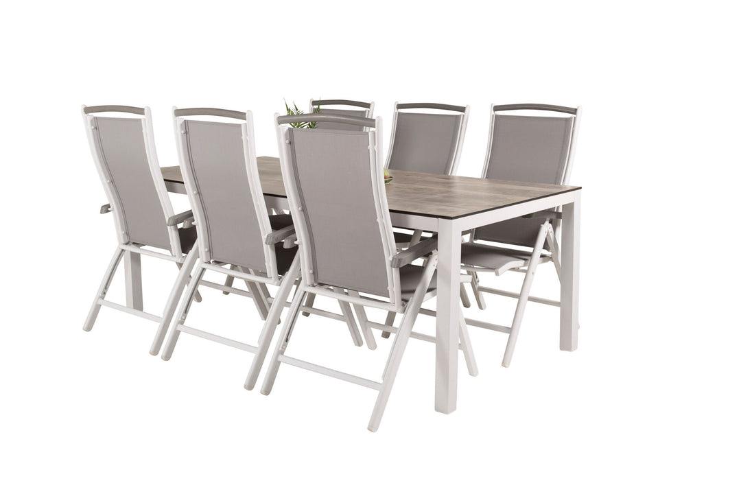 Venture Home Llama Dining Table 205*100 - White Alu / Grey HPL - Albany 5:pos Chair - White/Grey 6