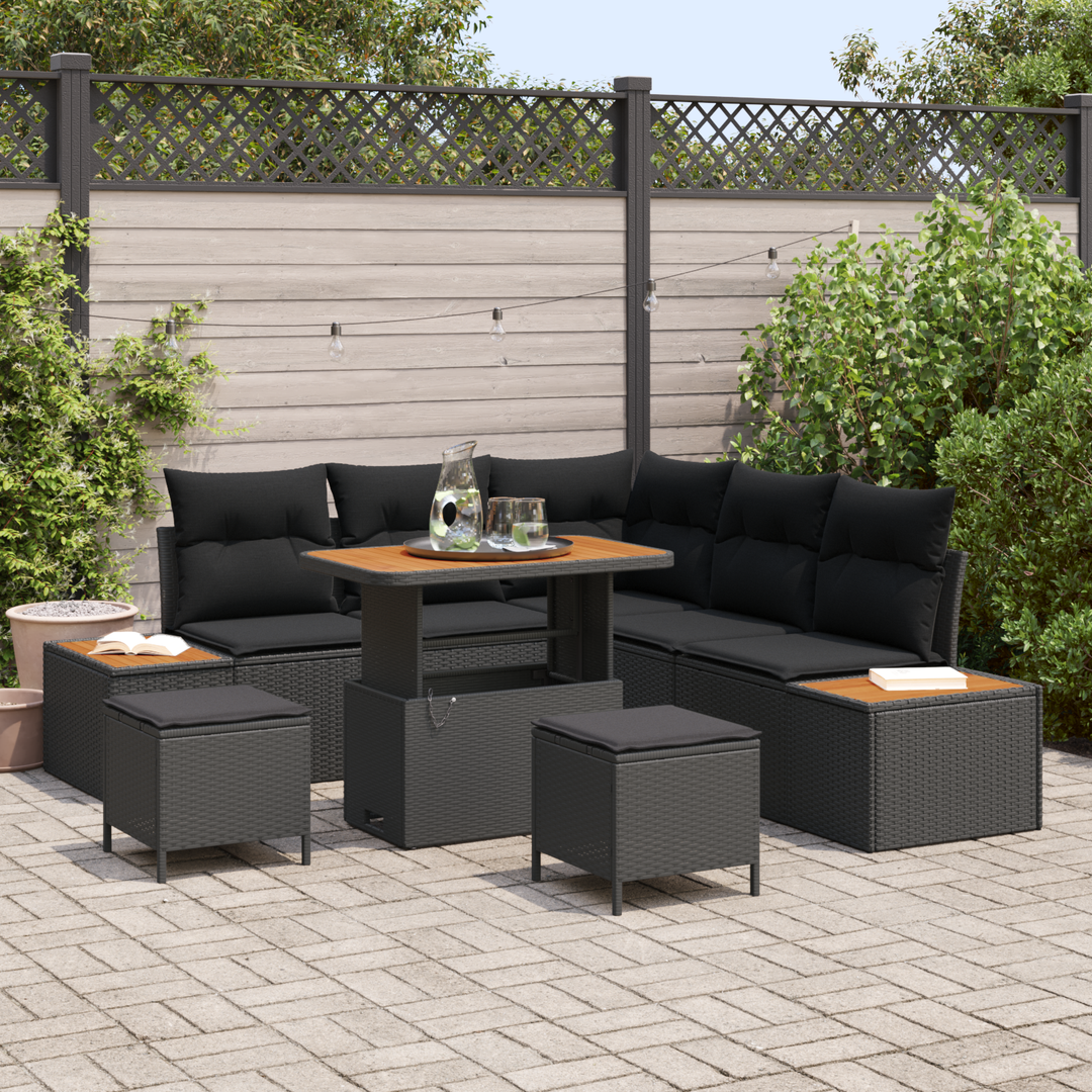 Havesofa Sæt med pude med opbevaring 8 pcs Sort Poly rattan