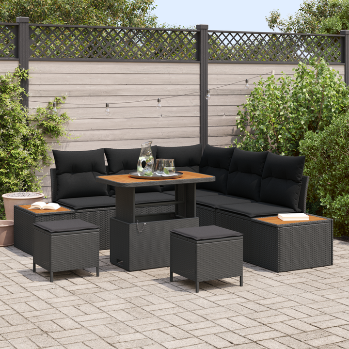 Havesofa Sæt med pude med opbevaring 8 pcs Sort Poly rattan