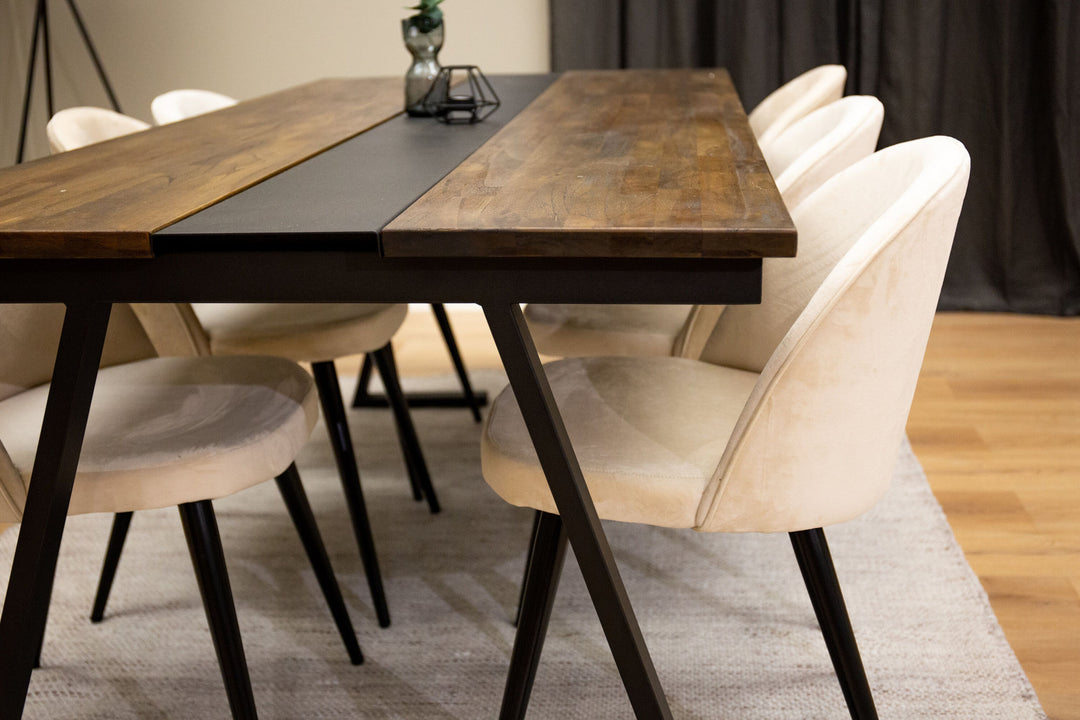 Venture Home Jakarta Matbord - Svart / mörk Teak - 200*90*H75+Velvet Matstol - Svart / Créme