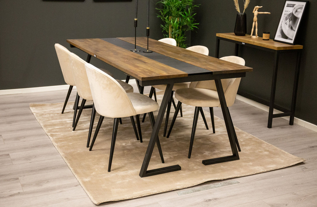 Venture Home Jakarta Matbord - Svart / mörk Teak - 200*90*H75+Velvet Matstol - Svart / Créme