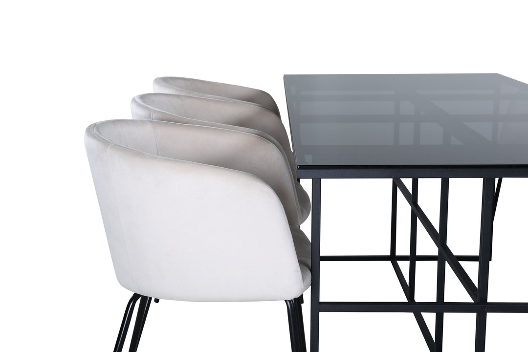 Venture Home Leif Dining Table , Black Black smoked smoked Glass+Berit Chair , Black Beige Velvet_6