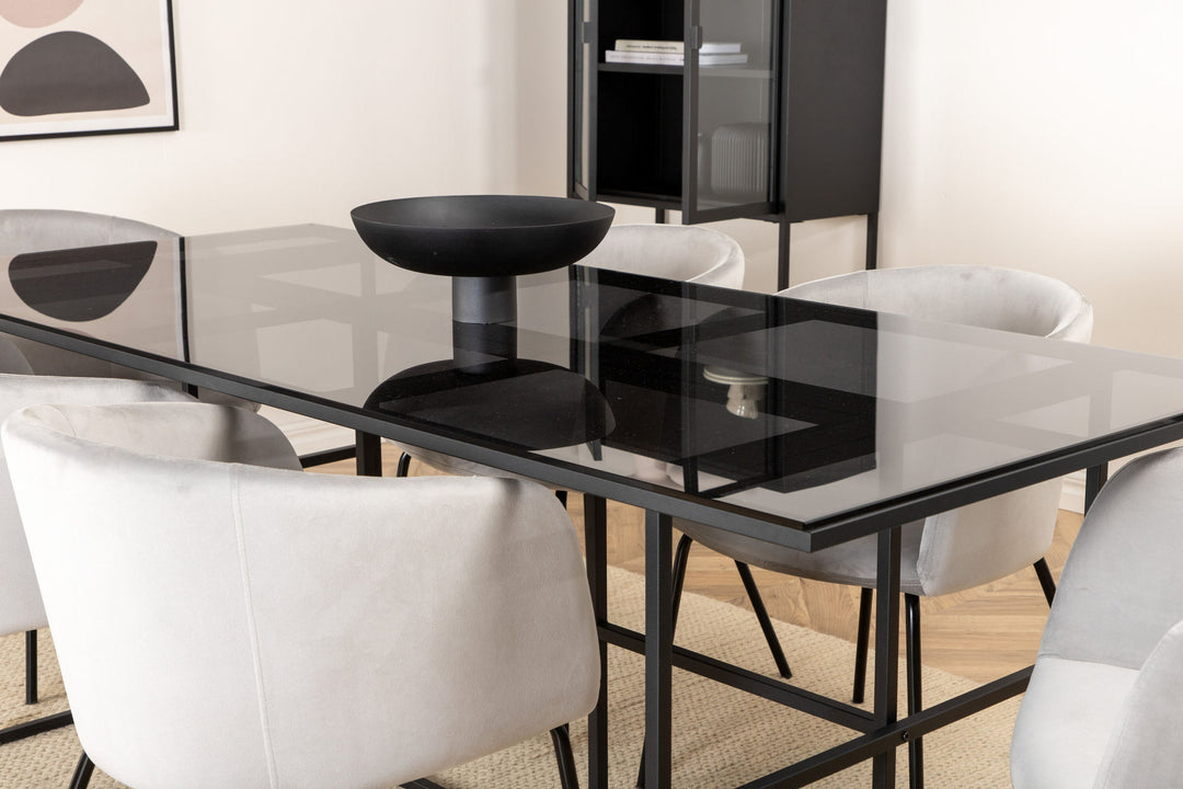 Venture Home Leif Dining Table , Black Black smoked smoked Glass+Berit Chair , Black Light Grey Velvet_6