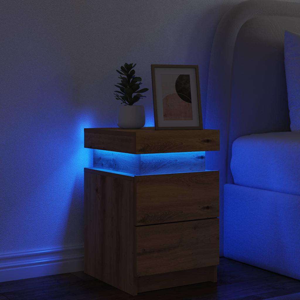sengebord 35x39x55 cm LED-lys konstrueret træ kunsteg