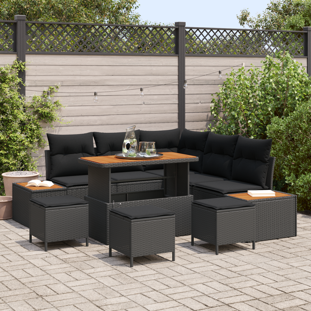 Havesofa Sæt med pude med opbevaring 9 pcs Sort Poly rattan