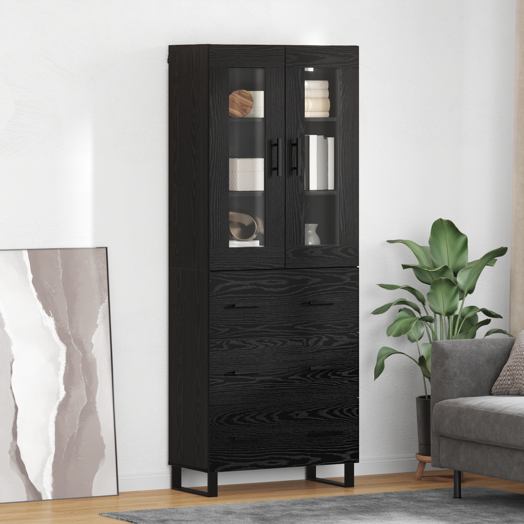 Highboard med skuffe 2 pcs Sort eg Ingeniørtræ og glas