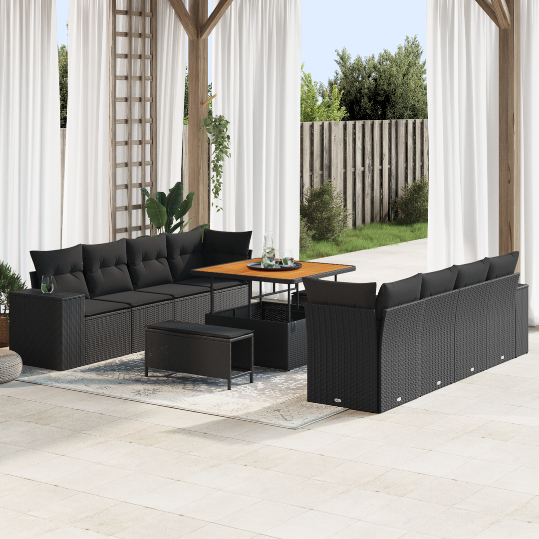 Havesofa Sæt med pude med opbevaring 11 pcs Sort polyrattan