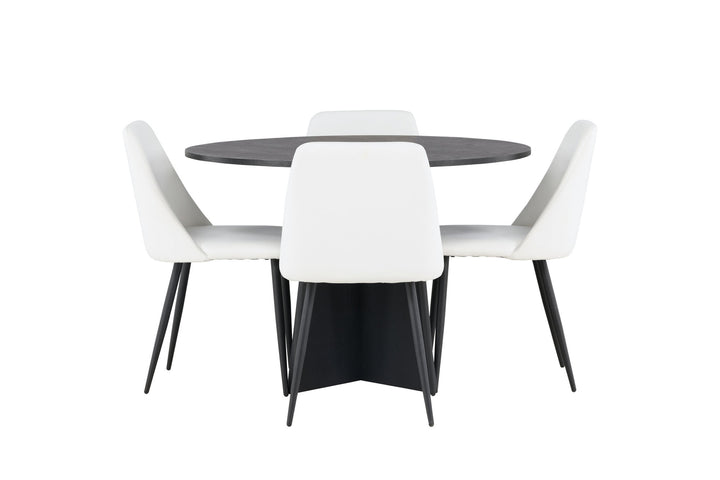 Venture Home Bootcut Round Dining Table - Black / Black Fanéer +Night Dining Chair - Black / White PU _4