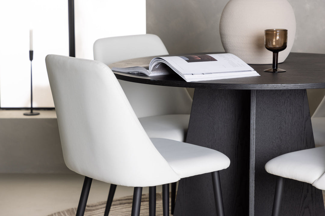 Venture Home Bootcut Round Dining Table - Black / Black Fanéer +Night Dining Chair - Black / White PU _4