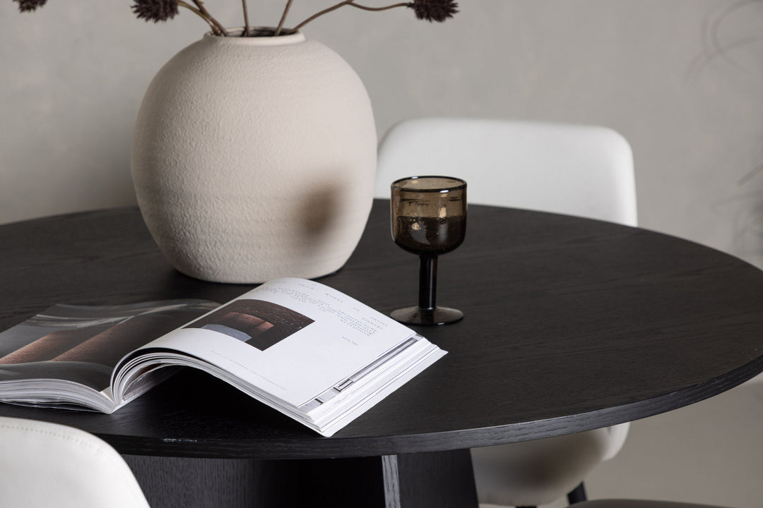 Venture Home Bootcut Round Dining Table - Black / Black Fanéer +Night Dining Chair - Black / White PU _4
