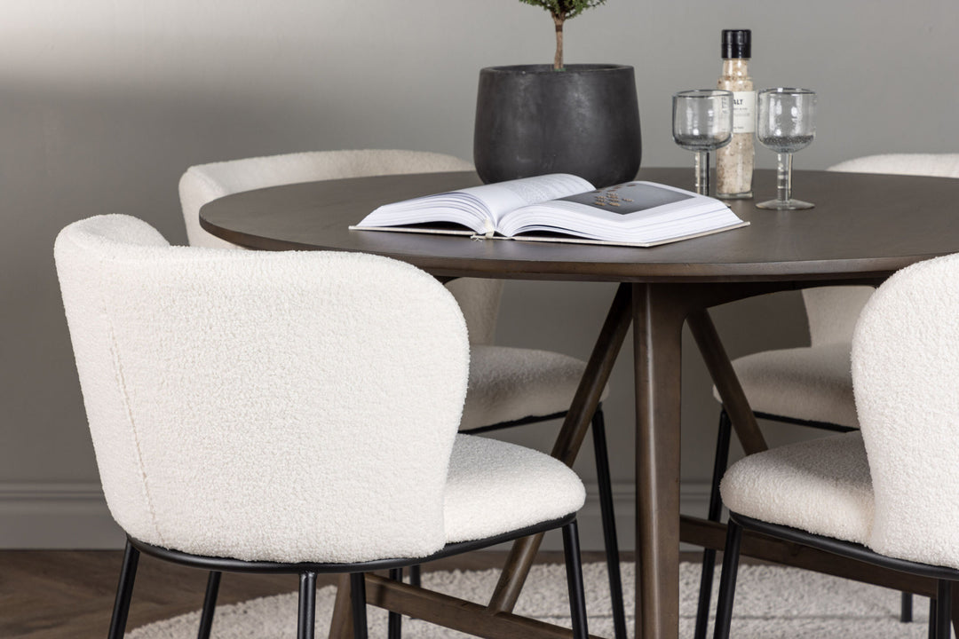 Venture Home Kaseidon Dining Table - Round - Rubberwood / Dark Brown MDF +Edina Dining Chair - Black / White Boucle _4