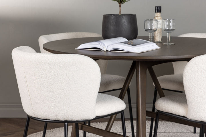 Venture Home Kaseidon Dining Table - Round - Rubberwood / Dark Brown MDF +Edina Dining Chair - Black / White Boucle _4
