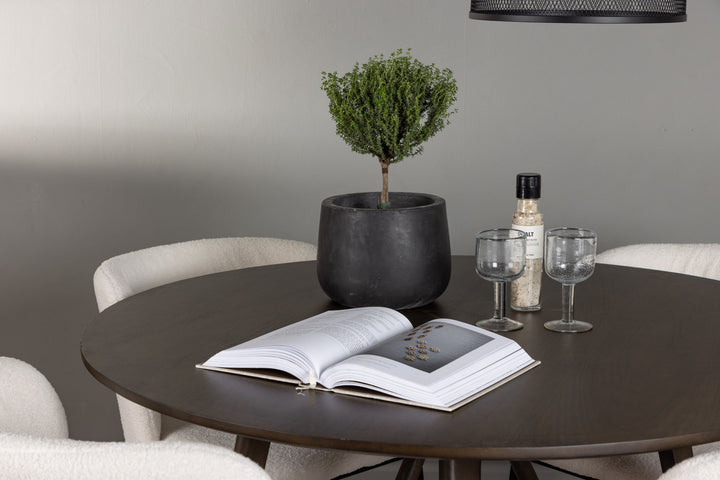 Venture Home Kaseidon Dining Table - Round - Rubberwood / Dark Brown MDF +Edina Dining Chair - Black / White Boucle _4