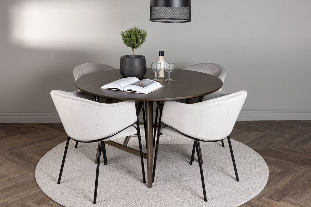 Venture Home Kaseidon Dining Table - Round - Rubberwood / Dark Brown MDF +Evelina Dining Chair - Black / Light grey Velvet _4