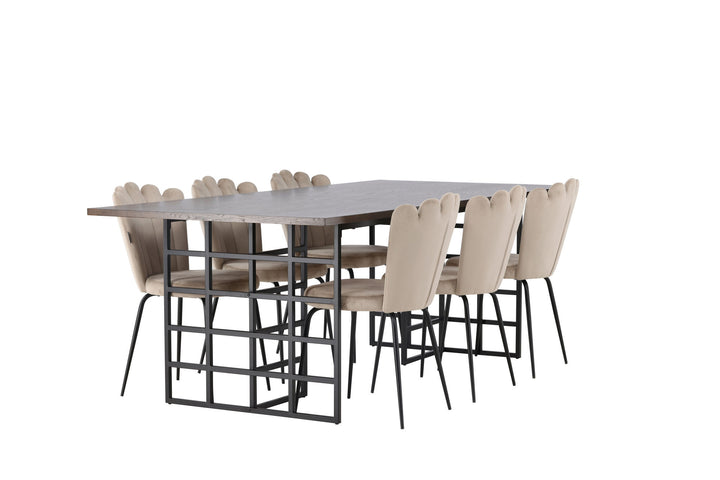Venture Home Ystad Dining Table - Black / Mocca Oak Veneer +Limhamn Light Chair - Black / Beige Velvet _6