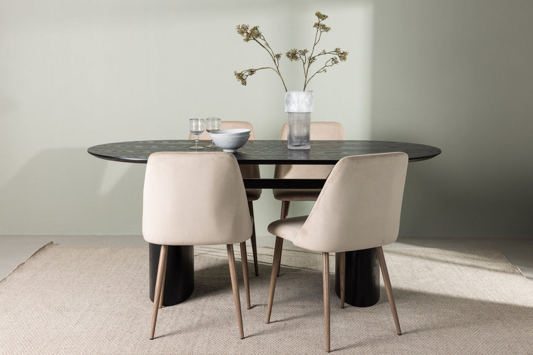 Venture Home Isolde Dining Table 180*75 - Black / Black MDF +Night Dining Chair - Dark walnut / Mocca / Brown Fabric _4