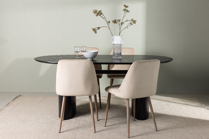 Venture Home Isolde Dining Table 180*75 - Black / Black MDF +Night Dining Chair - Dark walnut / Mocca / Brown Fabric _4