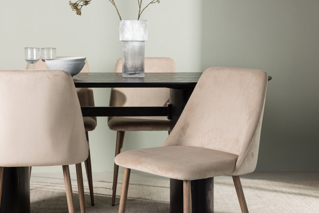 Venture Home Isolde Dining Table 180*75 - Black / Black MDF +Night Dining Chair - Dark walnut / Mocca / Brown Fabric _4