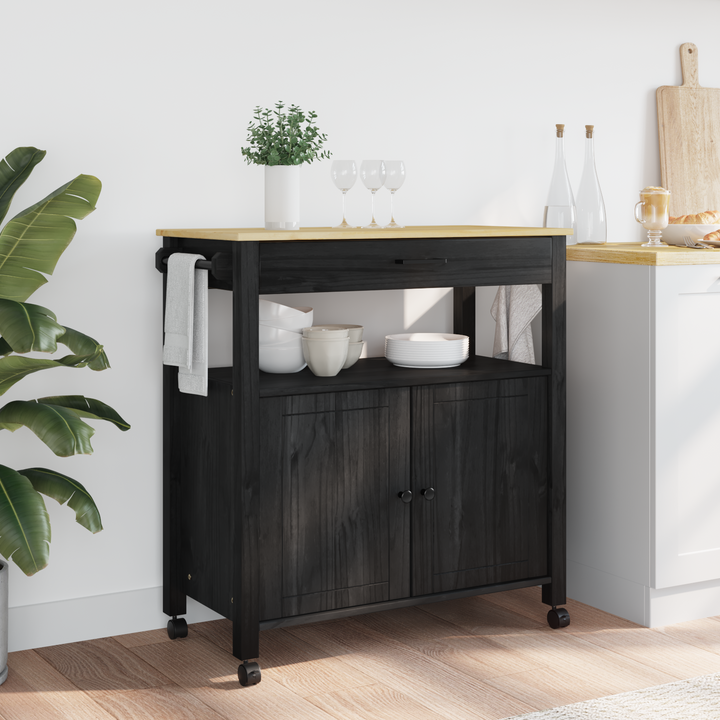 Køkkenvogn MONZA Sort 84 x 40 x 88,5 cm Massivt fyrretræ
