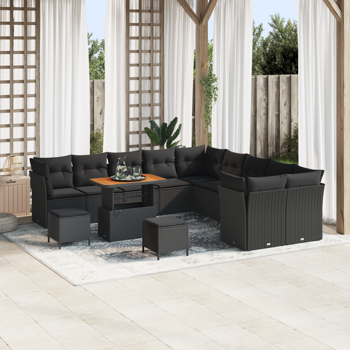 Havesofa Sæt 13 pcs Sort Polyrattan og pulverlakeret stål