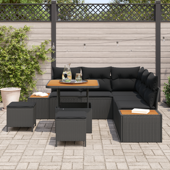 Havesofa Sæt med pude med opbevaring 8 pcs Sort Poly rattan
