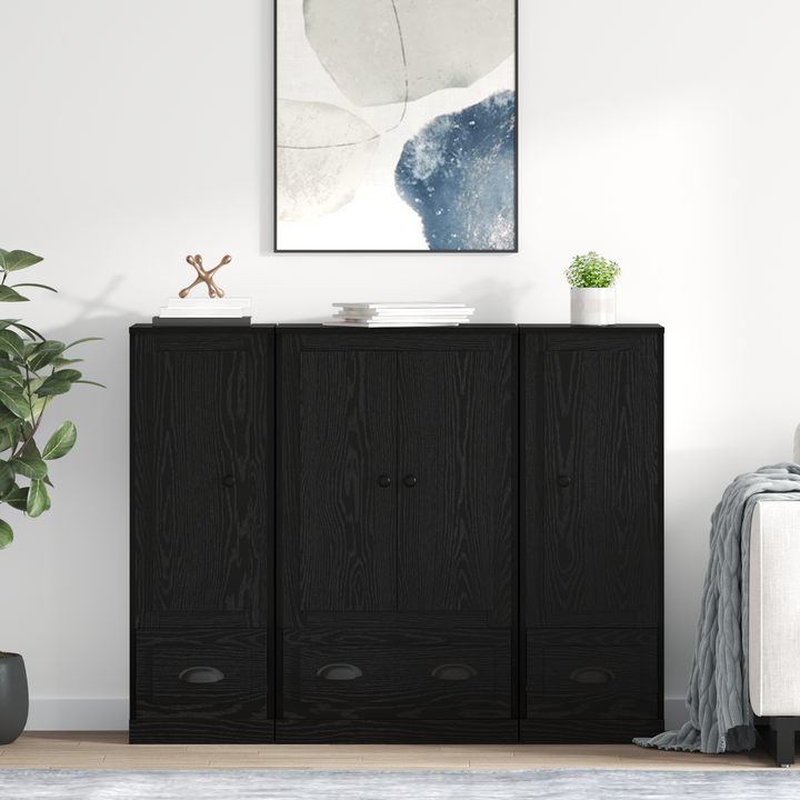 Highboard med skuffe 3 pcs Sort eg Konstrueret træ