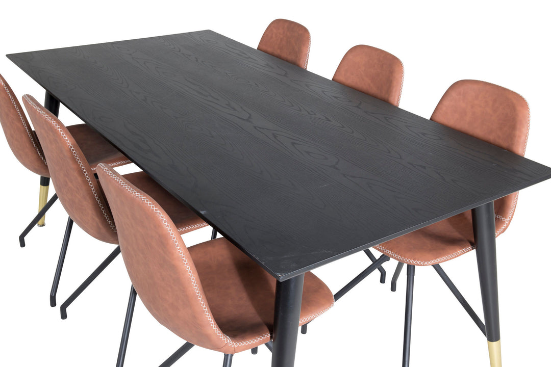 Venture Home Dipp Dining Table - 180*90cm - Black / Black Brass+Polar Dining Chair with Spin function - black Legs - Brown PU - White Stitches_6