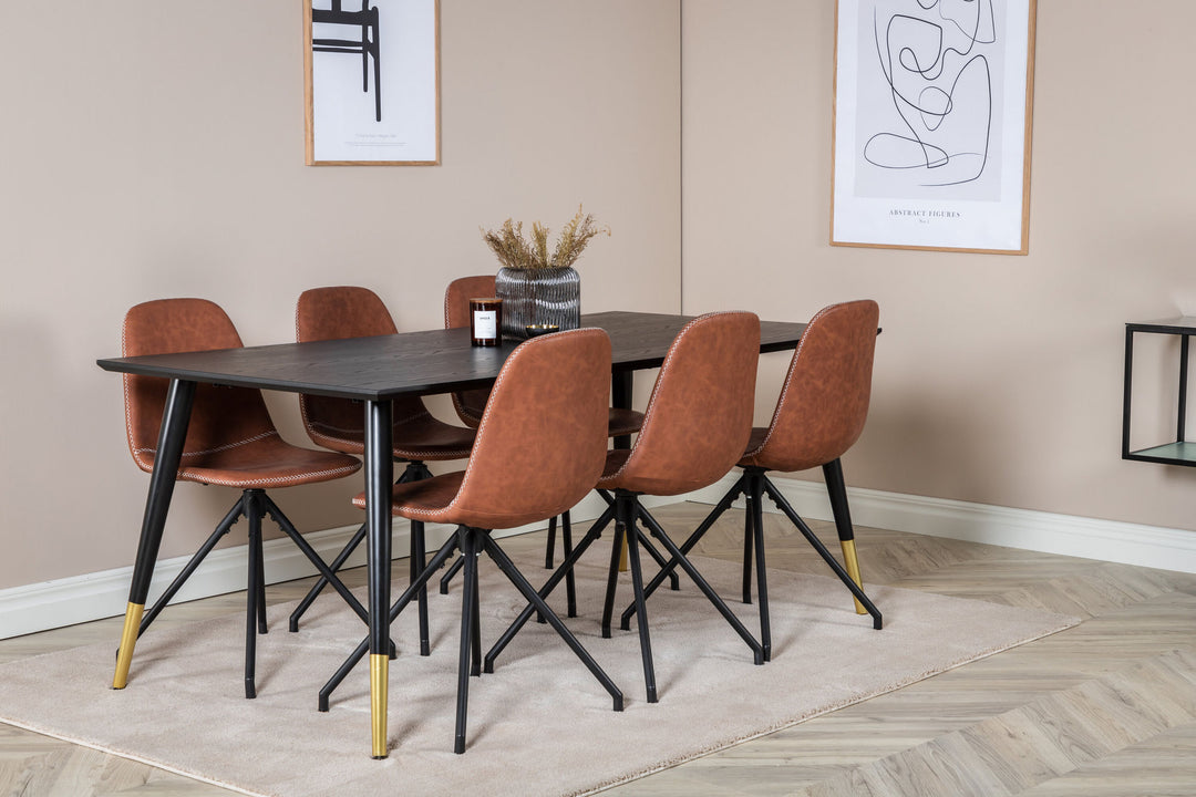 Venture Home Dipp Dining Table - 180*90cm - Black / Black Brass+Polar Dining Chair with Spin function - black Legs - Brown PU - White Stitches_6