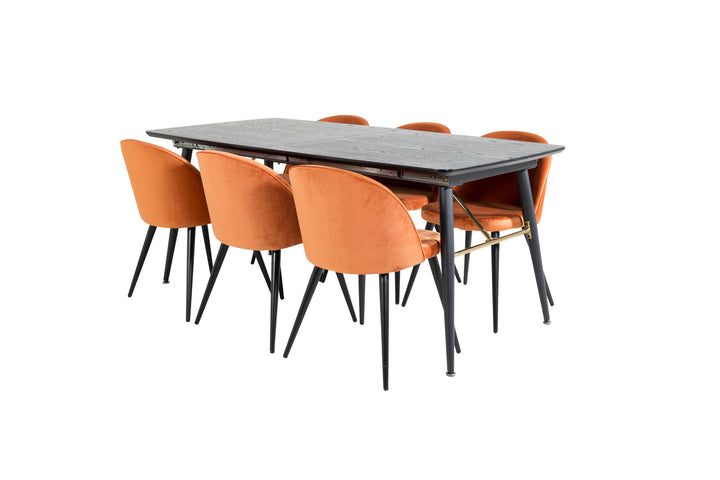 Venture Home Gold Extention table - 180/220*85*H76 Black Veneer - Black legs - Brass details+Velvet Dining Chair - Orange / Black_6