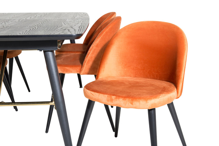 Venture Home Gold Extention table - 180/220*85*H76 Black Veneer - Black legs - Brass details+Velvet Dining Chair - Orange / Black_6