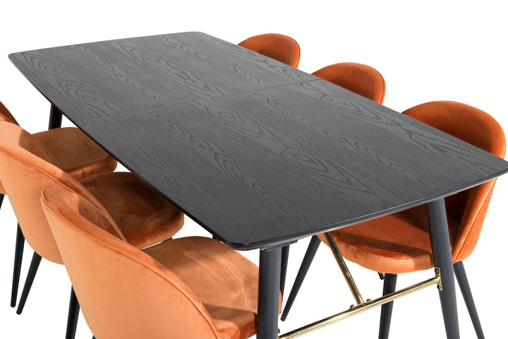 Venture Home Gold Extention table - 180/220*85*H76 Black Veneer - Black legs - Brass details+Velvet Dining Chair - Orange / Black_6