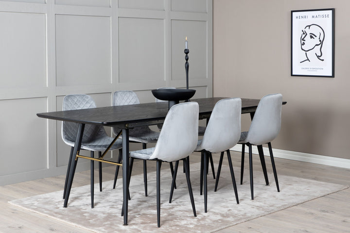 Venture Home Gold Extention table - 180/220*85*H76 Black Veneer - Black legs - Brass details+Polar Diamond Dining Chair - Black Legs - Grey Velvet_6