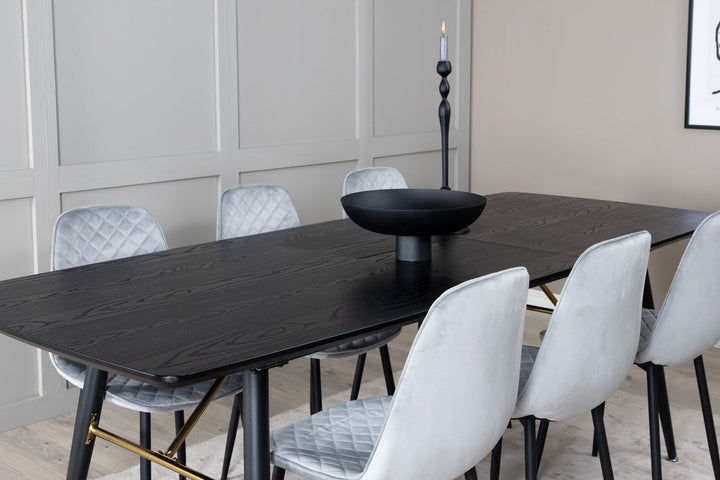 Venture Home Gold Extention table - 180/220*85*H76 Black Veneer - Black legs - Brass details+Polar Diamond Dining Chair - Black Legs - Grey Velvet_6