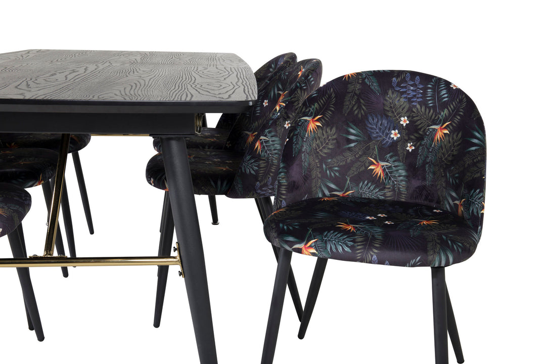 Venture Home Gold Extention table - 180/220*85*H76 Black Veneer - Black legs - Brass details+Velvet Dining Chair - Black Flower fabric_6