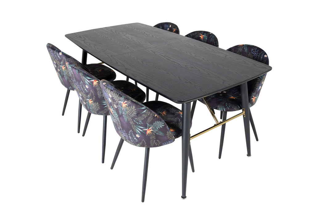 Venture Home Gold Extention table - 180/220*85*H76 Black Veneer - Black legs - Brass details+Velvet Dining Chair - Black Flower fabric_6