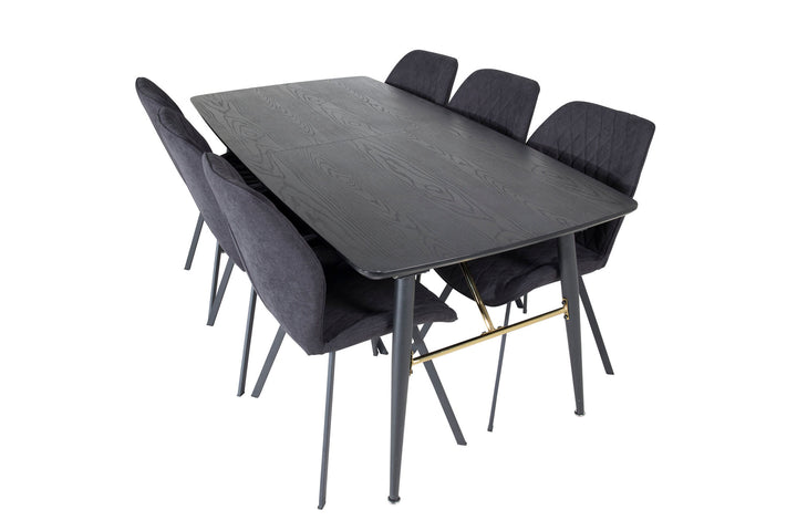 Venture Home Gold Extention table - 180/220*85*H76 Black Veneer - Black legs - Brass details+Gemma Dining Chair - Black Legs - Black Fabric_6