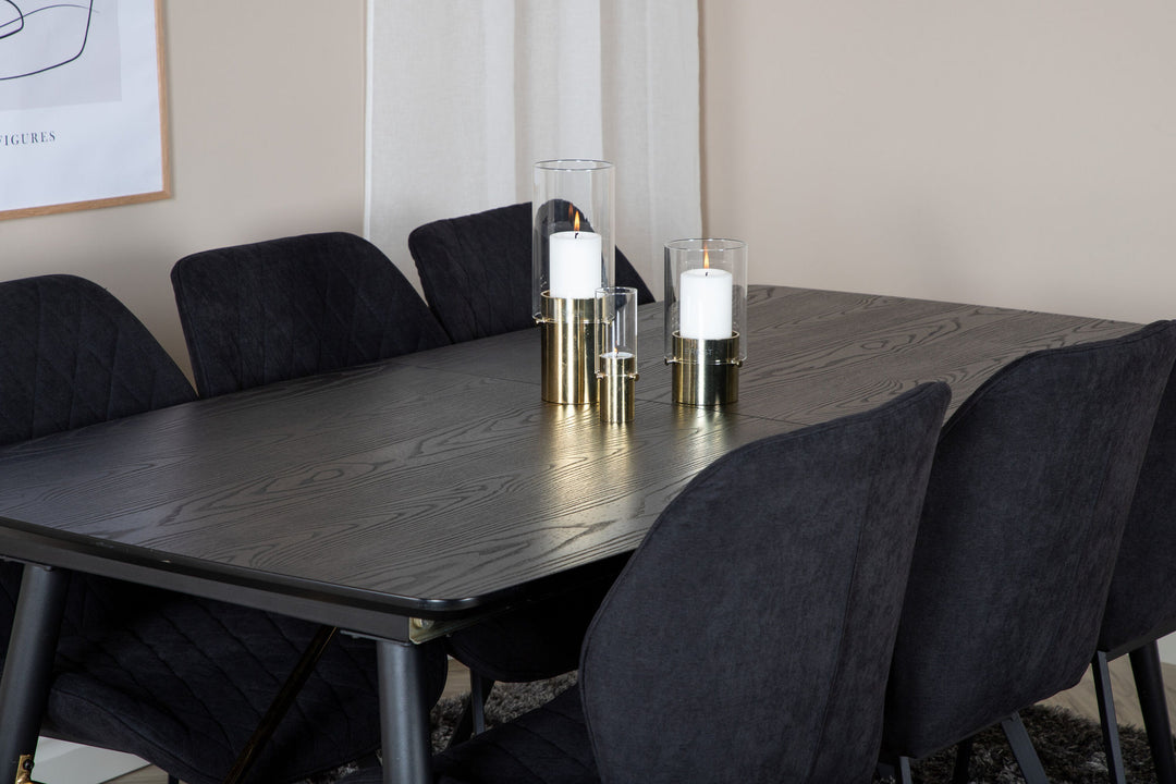 Venture Home Gold Extention table - 180/220*85*H76 Black Veneer - Black legs - Brass details+Gemma Dining Chair - Black Legs - Black Fabric_6