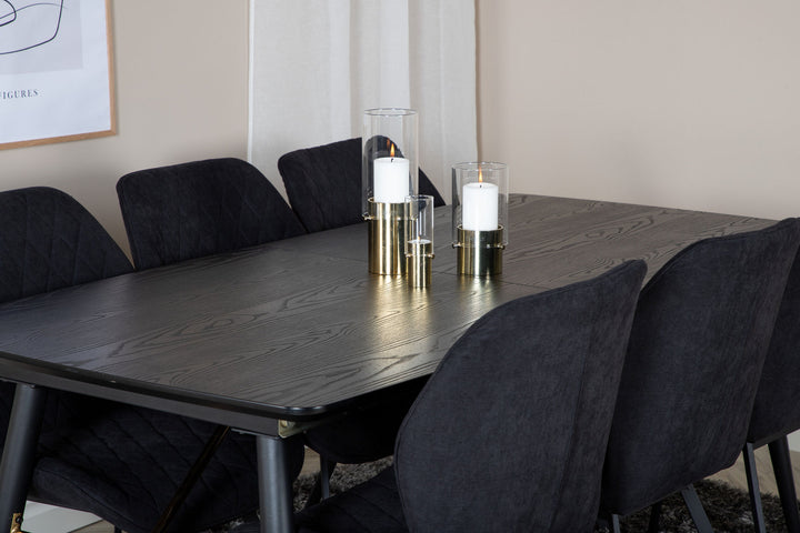 Venture Home Gold Extention table - 180/220*85*H76 Black Veneer - Black legs - Brass details+Gemma Dining Chair - Black Legs - Black Fabric_6