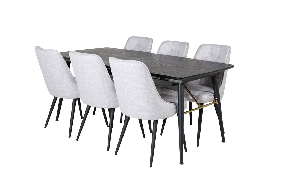 Venture Home Gold Extention table - 180/220*85*H76 Black Veneer - Black legs - Brass details+Velvet Deluxe Dining Chair - Black Legs - Light Grey Fabric_6