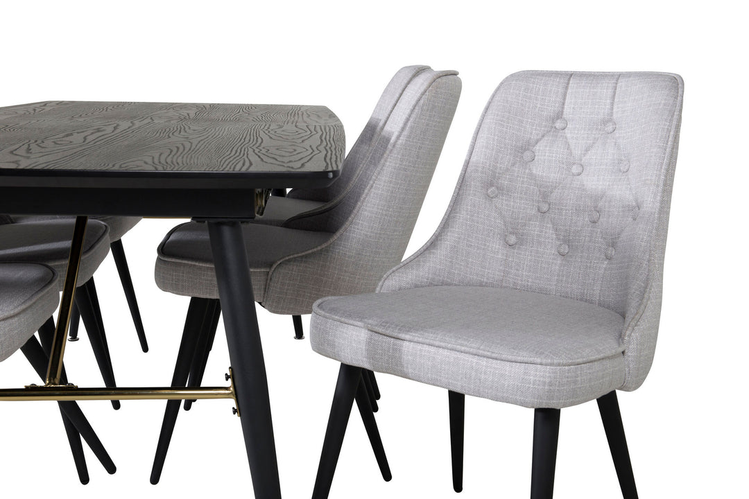 Venture Home Gold Extention table - 180/220*85*H76 Black Veneer - Black legs - Brass details+Velvet Deluxe Dining Chair - Black Legs - Light Grey Fabric_6