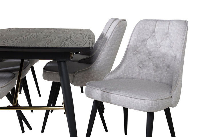 Venture Home Gold Extention table - 180/220*85*H76 Black Veneer - Black legs - Brass details+Velvet Deluxe Dining Chair - Black Legs - Light Grey Fabric_6