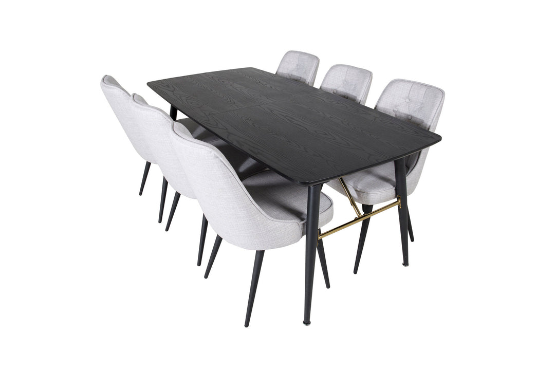 Venture Home Gold Extention table - 180/220*85*H76 Black Veneer - Black legs - Brass details+Velvet Deluxe Dining Chair - Black Legs - Light Grey Fabric_6