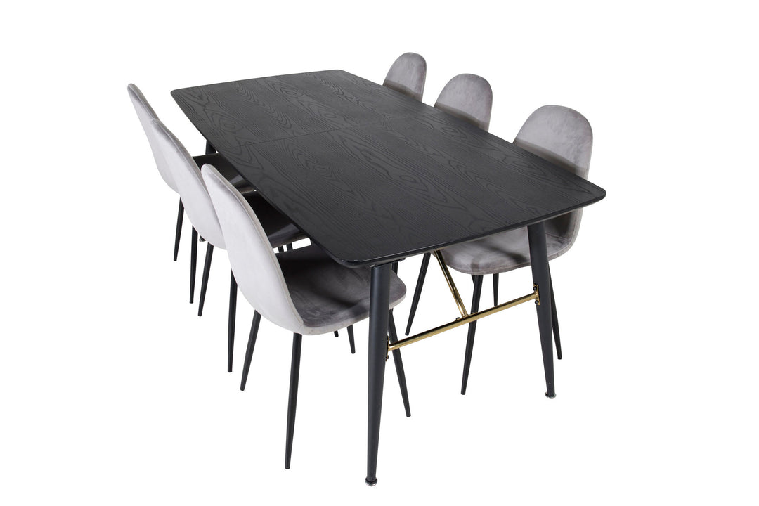 Venture Home Gold Extention table - 180/220*85*H76 Black Veneer - Black legs - Brass details+Polar Dining Chair - Black legs / Light Grey Velvet (ersätter 19902-885)_6
